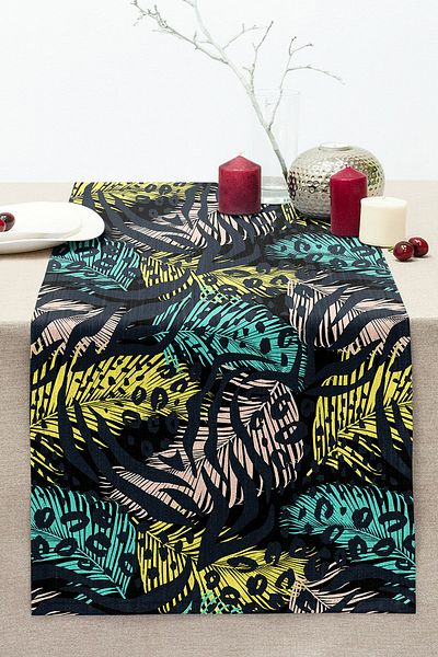 Realhomes Special Design Stitched Raschel Knitted Runner with Colored Leaf Motif on Black Background