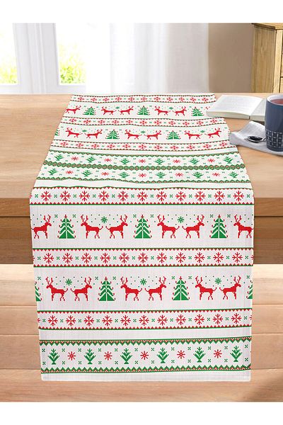 Realhomes White Background Cross Stitch Deer Pattern Decorative Stitched Raschel Knitted Runner