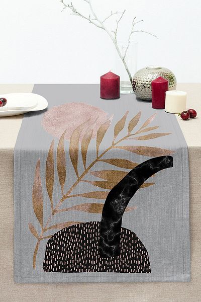 Realhomes Decorative Stitched Rahel Knitted Runner with Gold Leaf Motif on Gray Background