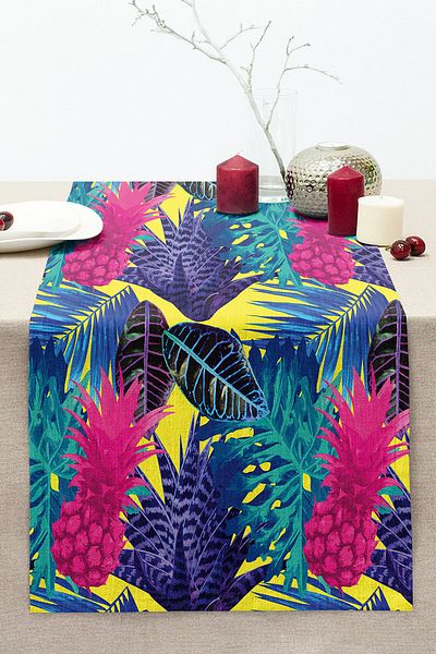 Realhomes Modern Stitched Raschel Knitted Runner with Tropical Forest Design on Yellow Background