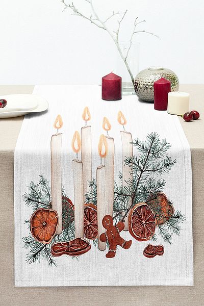 Realhomes Digital Printed Modern Stitched Raschel Knitted Runner with Pine Leaf Candle Design