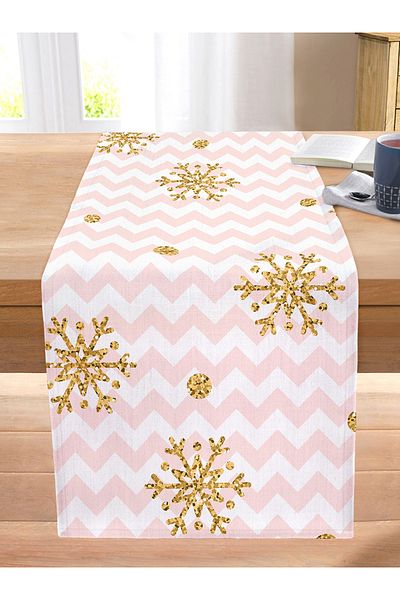 Realhomes Zigzag Powder Grounded Gold Detailed Modern Stitched Raschel Knitted Runner