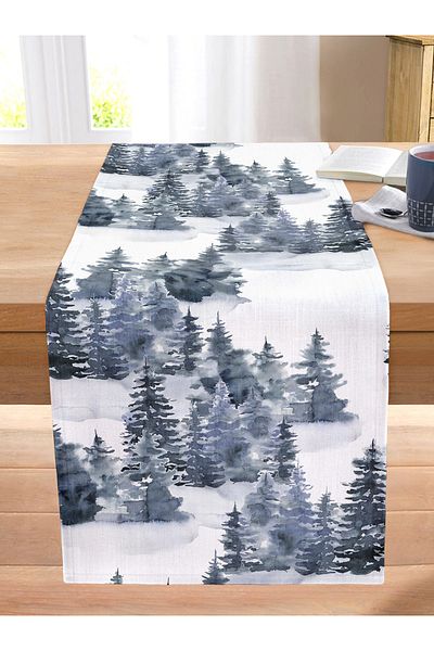 Realhomes Watercolor Drawing Winter Themed Pine Trees Digital Printed Decorative Stitched Raschel Knitted Runner