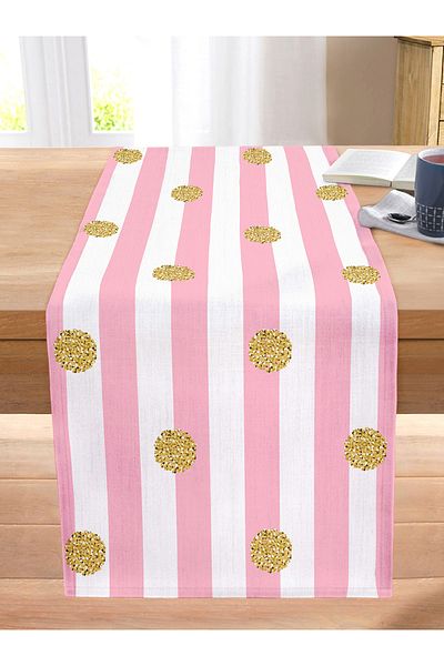 Realhomes Pink Striped Gold Polka Dot Specially Designed Stitched Raschel Knitted Runner