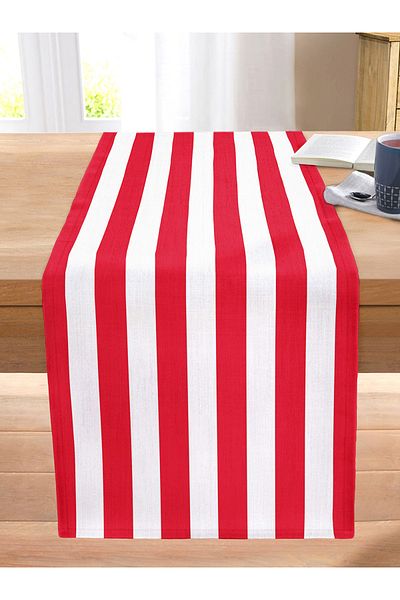 Realhomes Red and White Straight Line Design Digital Printed Decorative Stitched Raschel Knitted Runner