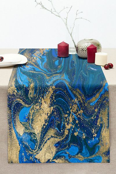Realhomes Gold Gilt Digital Printed Modern Stitched Raschel Knitted Runner with Blue Background
