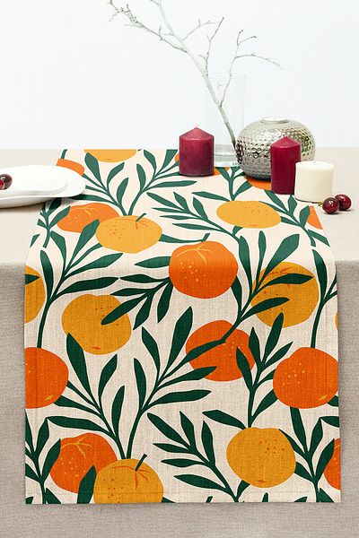 Realhomes Digital Printed Modern Stitched Raschel Knitted Runner with Onedraw Drawing and Lemon Pattern on Colorful Background