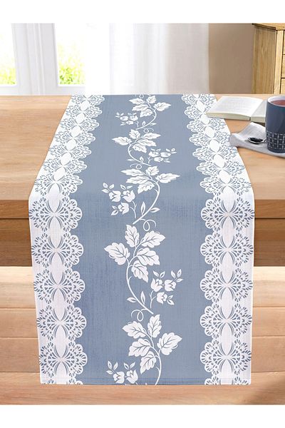 Realhomes Blue Background Oriental Motif Rose Themed Stitched Raschel Knitted Runner