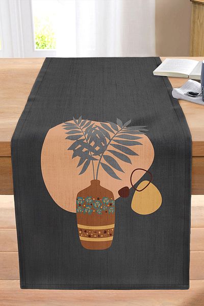 Realhomes Dark Gray Floored Vase Themed Decorative Stitched Raschel Knitted Runner