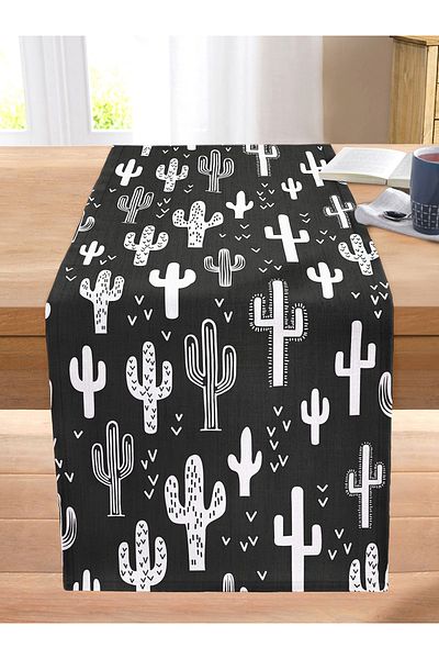 Realhomes Black and White Cactus Digital Printed Decorative Stitched Raschel Knitted Runner