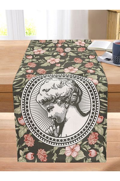 Realhomes Colorful Rose & Portrait Motif Digital Printed Decorative Stitched Raschel Knitted Runner