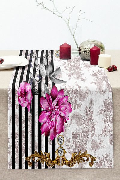 Realhomes Special Design Digital Printed Modern Stitched Raschel Knitted Runner with Flower Pattern on Striped Background
