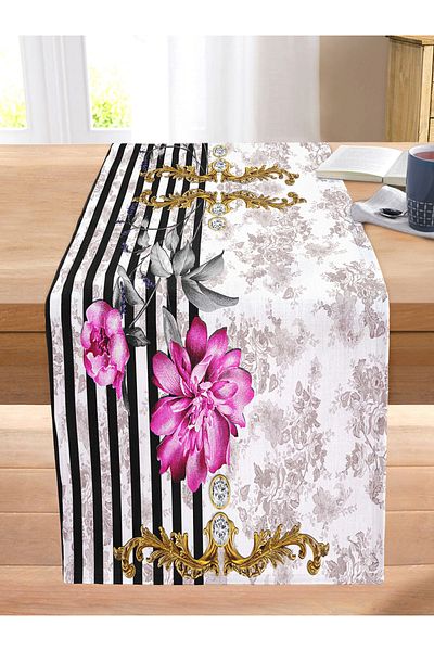 Realhomes Special Design Digital Printed Modern Stitched Raschel Knitted Runner with Flower Pattern on Striped Background
