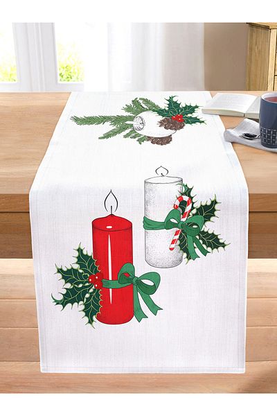 Realhomes Digital Printed Decorative Stitched Raschel Knitted Runner with Candle Holder Design Inside Pine Tree Leaves