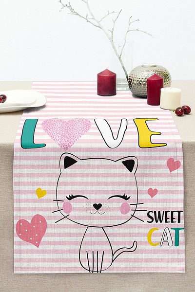 Realhomes Modern Stitched Raschel Knitted Runner with Sweet Cat Design on Pink Striped Floor