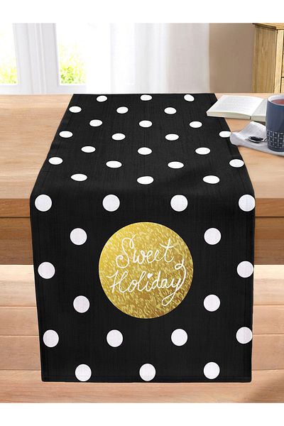 Realhomes Digital Printed Stitched Rahel Knitted Runner with Sweet Holiday Design on Black Background