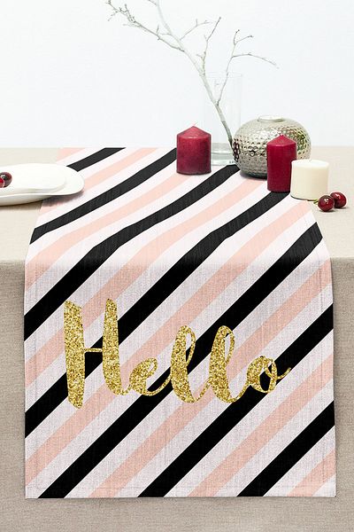 Realhomes White Background Colored Horizontal Striped Gold Detail Hello Written Digital Printed Stitched Raschel Knitted Runner