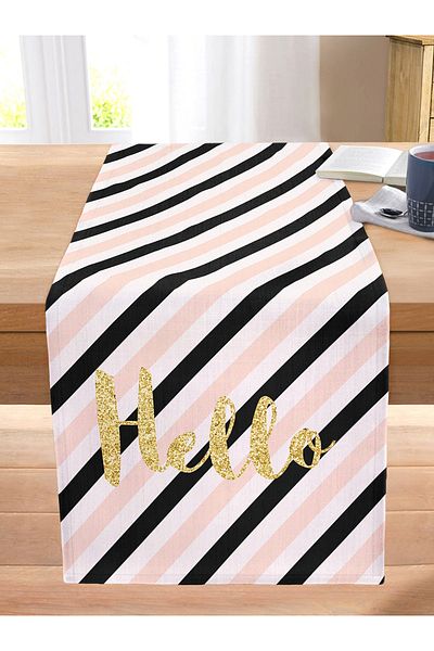 Realhomes White Background Colored Horizontal Striped Gold Detail Hello Written Digital Printed Stitched Raschel Knitted Runner