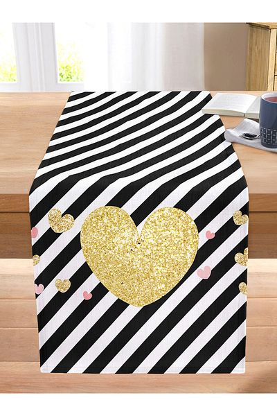 Realhomes White Background Black Horizontal Striped Gold Detail Heart Pattern Digital Printed Modern Stitched Raschel Runner