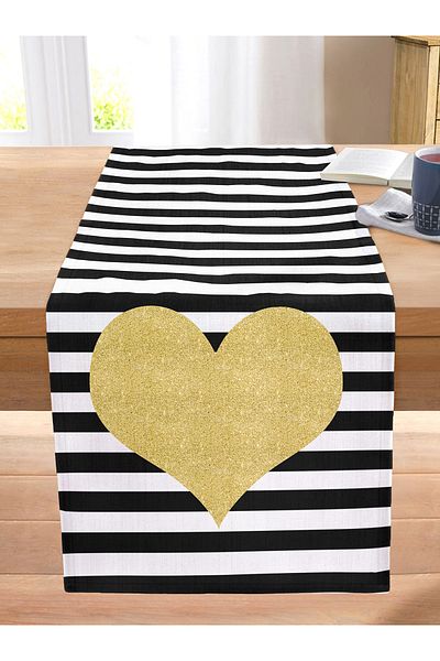 Realhomes White Background Black Horizontal Striped Gold Detail Heart Pattern Digital Printed Modern Stitched Raschel Runner