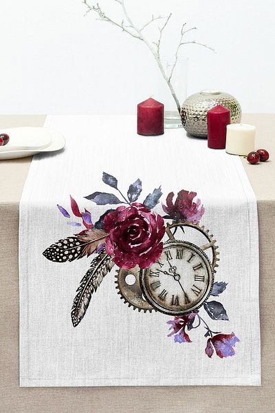 Realhomes Pocket Watch Motif Feather Pattern Decorative Stitched Raschel Knitted Runner