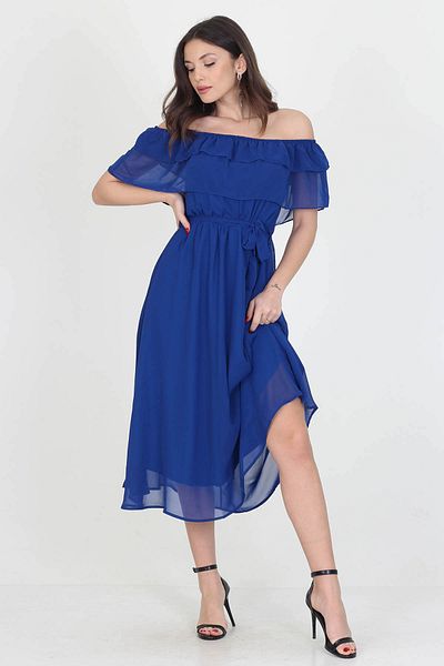 Neşeli Butik Rochie de damă Saks Blue Madonna cu guler și detaliu din șifon
