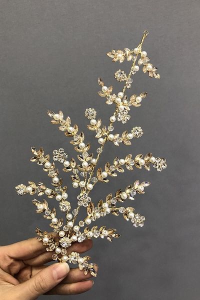 Hobigram Accesoriu pentru turban de păr cu model de frunze de culoare miere – Coroană, piatră de cristal, model elegant, coroană de mireasă – Coroană – Coroană
