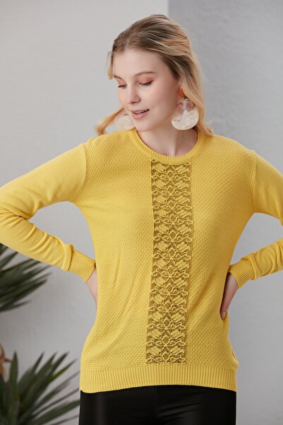 Jerusalema Kadın Sarı Güpür Detaylı Simit Yaka Triko Kazak