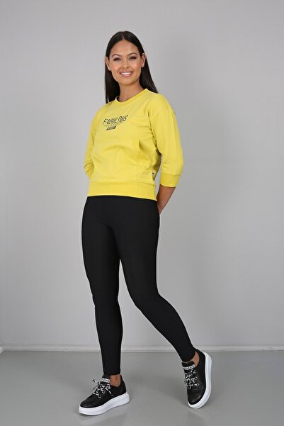 Banadamoda Sarı Baskılı Kanguru Cepli Yarım Kollu Sweatshirt