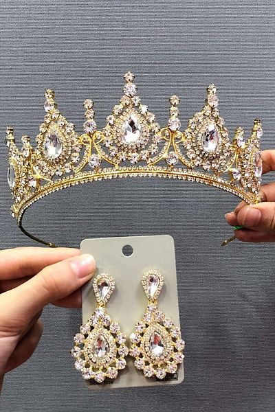 Hobigram Accesoriu pentru păr Set Coroană și Cercei Henna de culoare aurie – Coroană, Piatră de cristal, Model elegant, Coroană de mireasă – Coroană