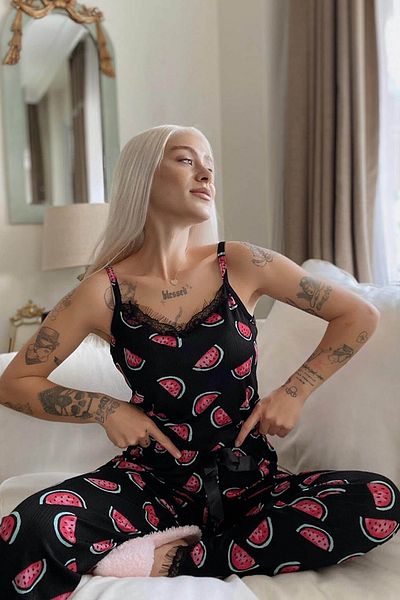 Pijamaevi Set de pijamale tricotate cu curele din dantelă cu imprimeu pepene verde pentru femei