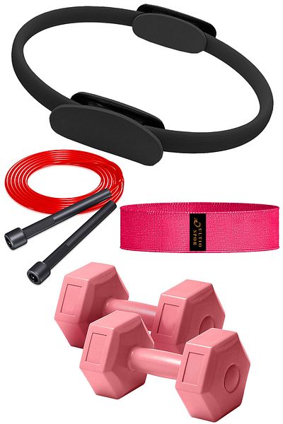 Ultio Spor 36 Cm Pilates Circle, 2 Pieces of 1 Kg Dumbbell Set, Jump Rope, Squat Band