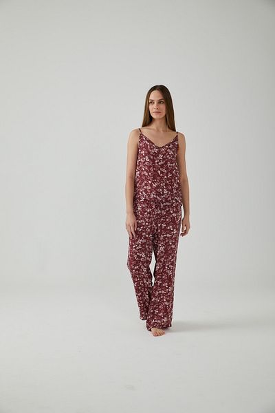 Pamuk & Pamuk Set pijama floral cu curea din frânghie burgundy