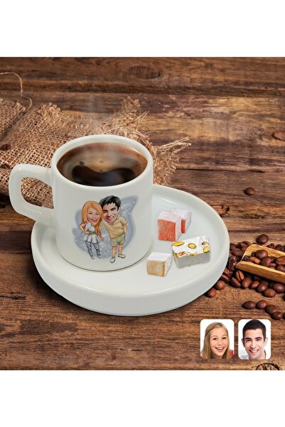 Bk Gift Kişiye Özel Sunum Tabaklı Sevgililer Karikatürlü Türk Kahvesi Fincanı...
