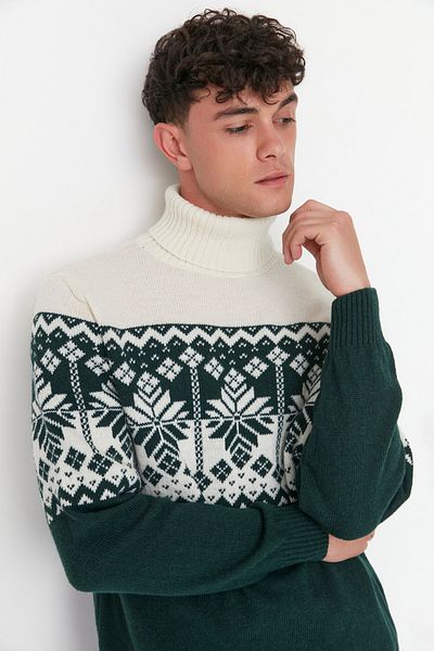 Trendyol Collection Pulover din tricotaje cu panou jacquard cu gât verde smarald - Regular Fit TMNAW22KZ0296