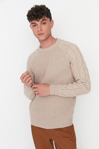 Trendyol Collection Stone Regular Fit Crew Neck Hair Knit Detailed Knitwear Sweater TMNAW22KZ2059