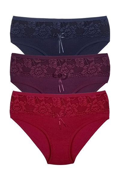 Zena 3-Piece Cotton Women's Panties with Stripe Lace Detail on the Front