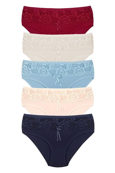 Zena 5-Piece Cotton Women's Panties with Stripe Lace Detail on the Front