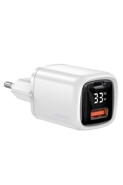 Usams Cc152w T46 33w Type-c + Type-a Dijital Göstergeli Hızlı Şarj Başlığı Beyaz