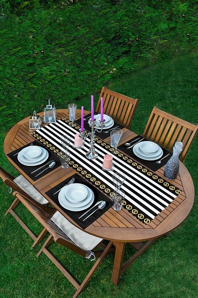 Realhomes Gold Detailed Black and White Striped Special Design 1 Runner & 4 Colorful American Service