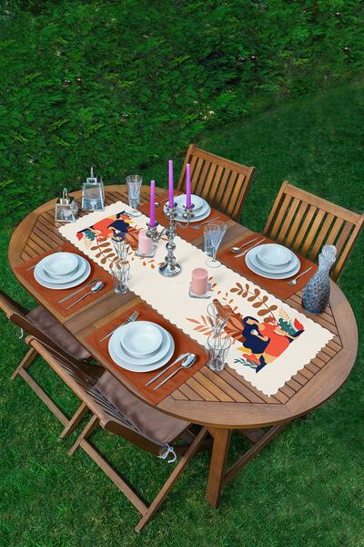 Realhomes Tropik Yapraklar Kadın Figürlü Modern 1 Adet Runner & 4 Adet Renkli...