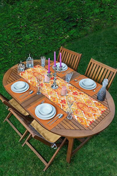 Realhomes Orange Damask Design Digital Printed Decorative 1 Runner & 4 Colorf...