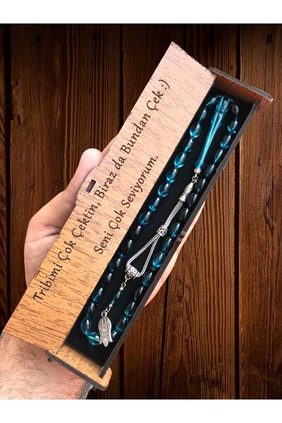 KANUNİ TESBİH مسبحة صلاة مزخرفة باللون الأزرق البترولي مع صندوق خشبي