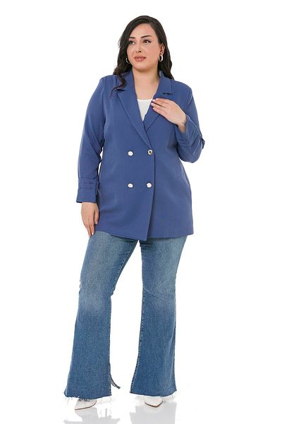 DISENTIS MODEST Plus Size Pleated Indigo Jacket - Mono Collar and Double Breasted Closure