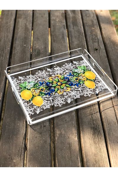 Queen Bee İstanbul Lemon Lace Patterned Plexiglass Tray 40x30 cm