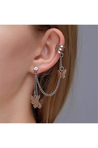 İYİ MODA Compressed Cartilage Earrings with Butterfly Chain