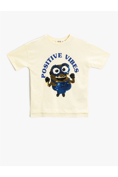 Koton Minions Printed T-Shirt with Language Sequin Sequined Short Sleeve Cotton
