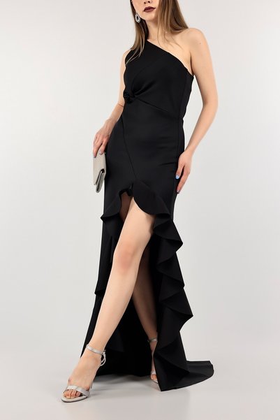 Secret Passion Lingerie Black Scuba Fabric Slit One Shoulder Ruffle Detail Long Dress 688 582135