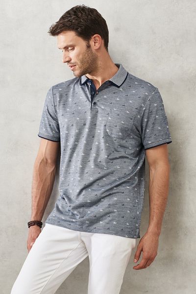 ALTINYILDIZ CLASSICS Men's Navy Blue Comfort Fit Relaxed Cut Polo Neck Patterned Casual T-Shirt