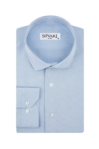 SÜVARİ Slim Fit Armür Desenli Açık Mavi Erkek Gömlek